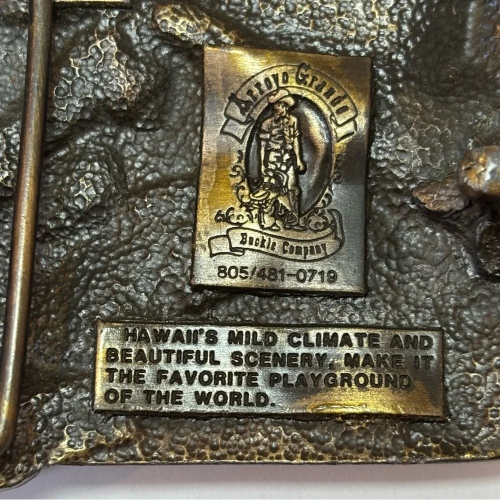 Vintage Arroyo Grande Hawaii Surf Scene Textured 3D Brass & Enamel Belt Buckle